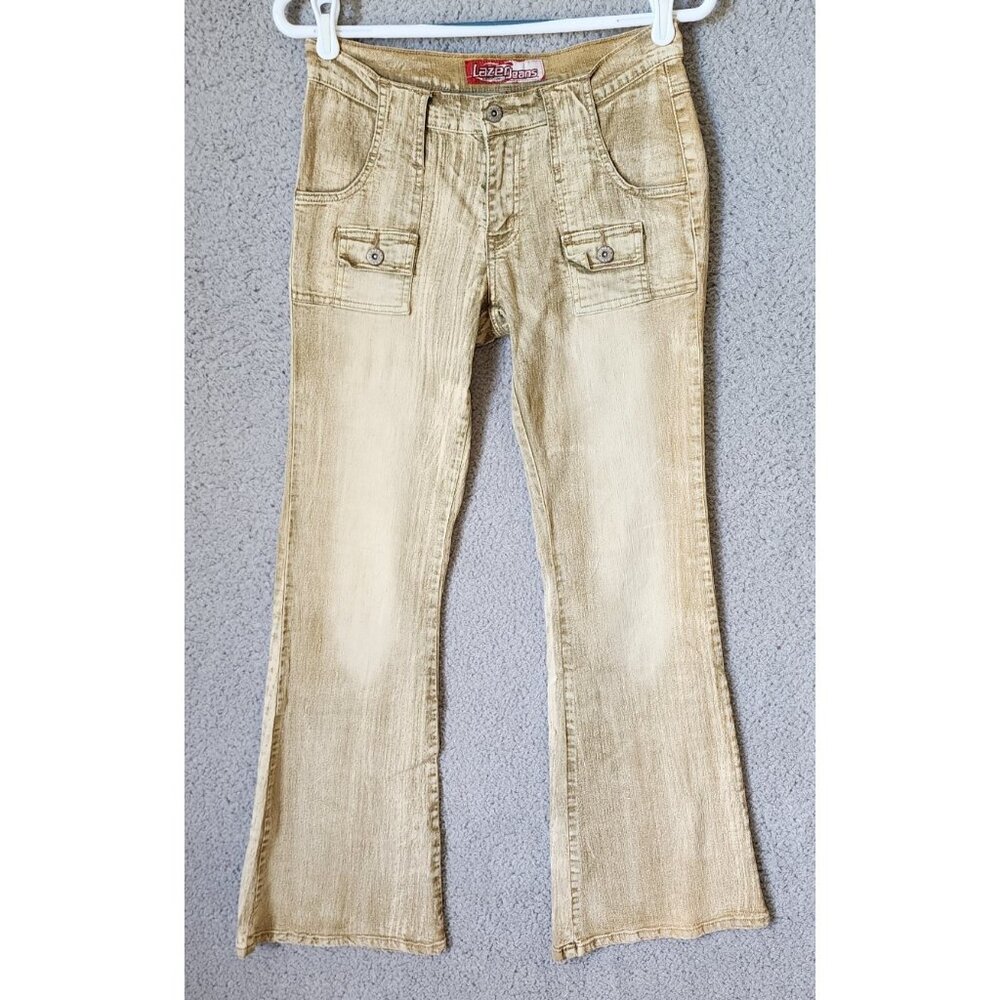 Vtg 90s Y2K Lazer Jeans Women's Sz 28x31 Low Rise Flare Pants Beige Tan Pockets
